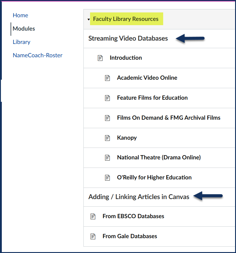 List of databases in Canvas