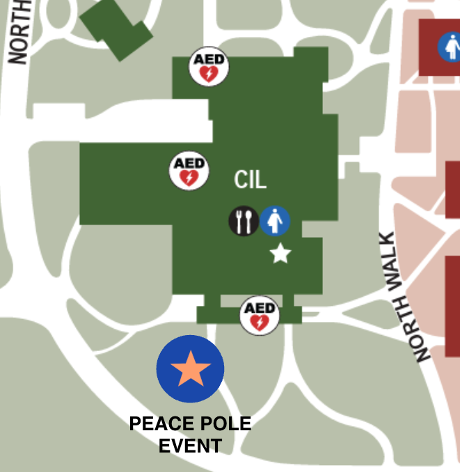 peace pole event map marked at the front of the cilker school of art and design building's front lawn.
