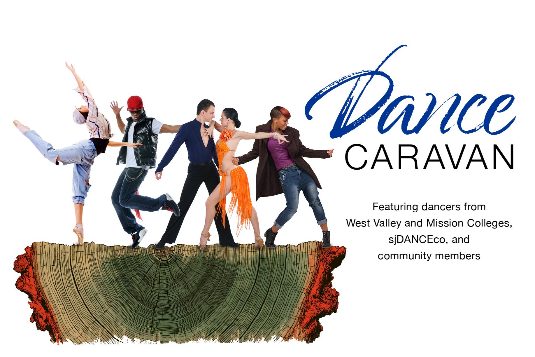 dance caravan promo graphic with dancers of different races on top of a tree log cut out