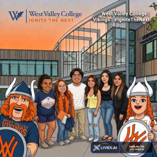 livex.ai generated selfie with students and the viking mascots in front of the student services building in a cartoon art style
