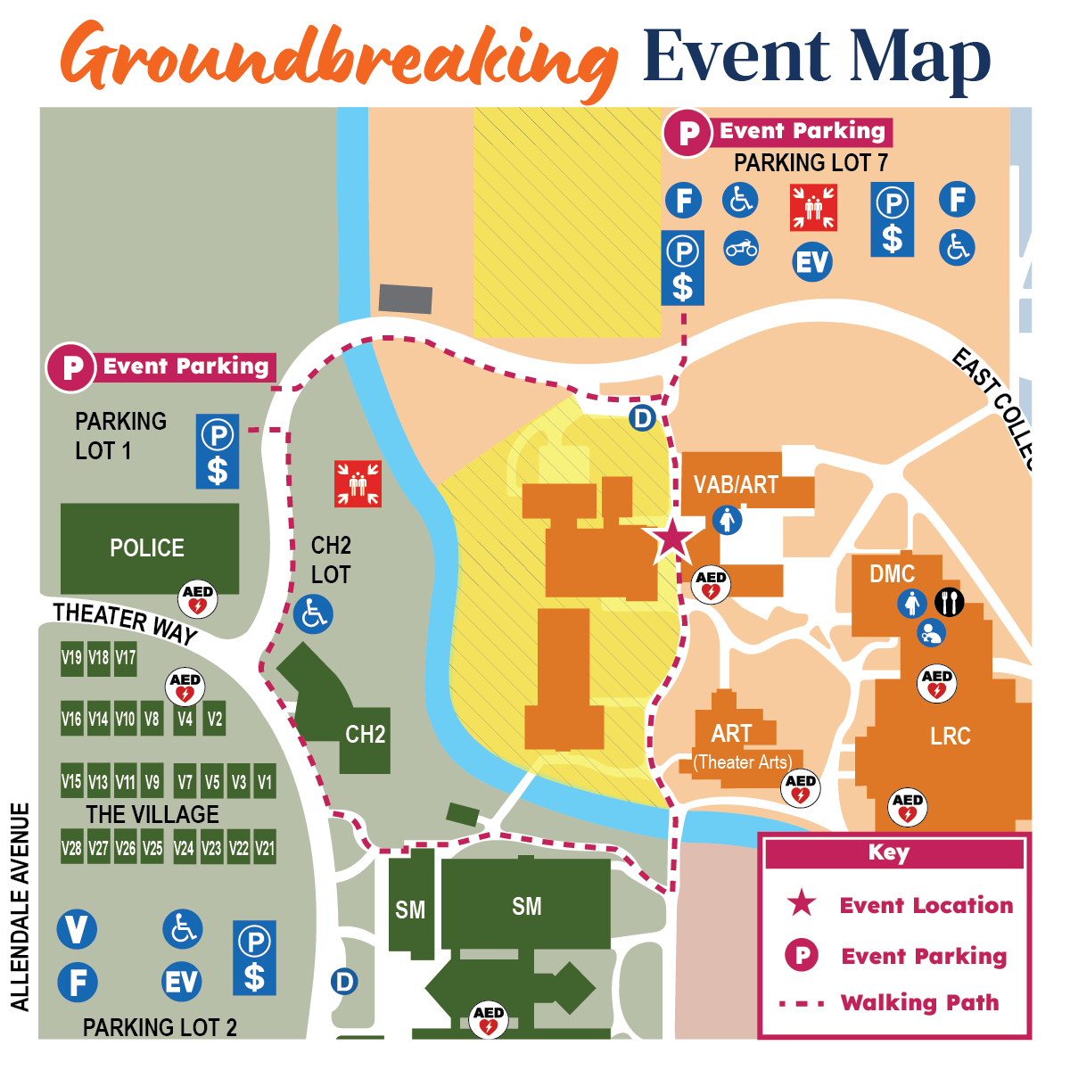 Groundbreaking Event Map showing campus access, event parking, and the ceremony location.
