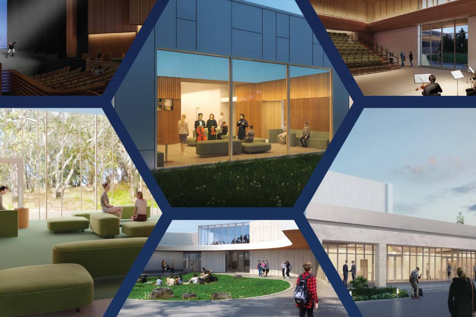 performing arts center renders in hexagons
