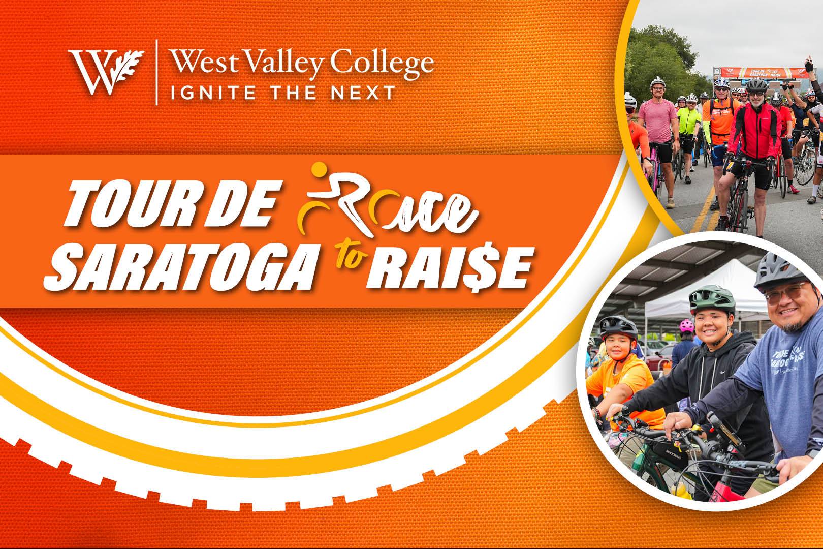 tour de saratoga main orange graphic with photos of bikers