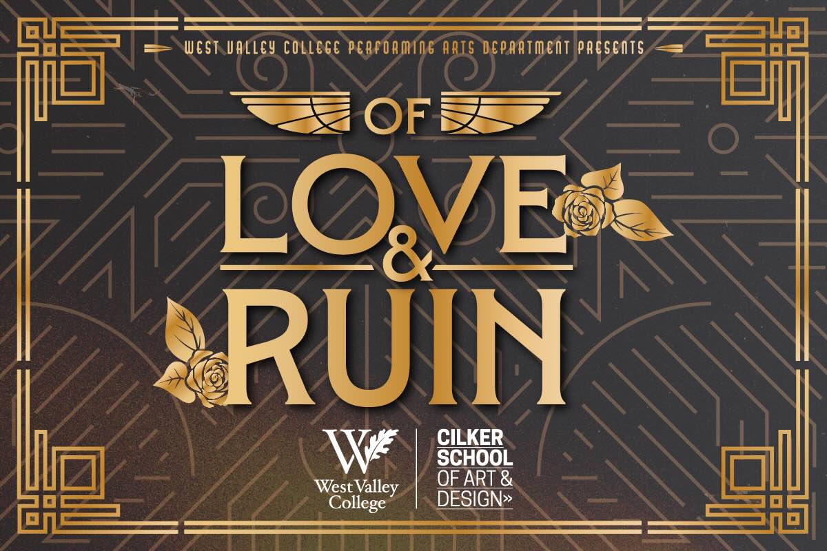 of love and ruin in gold foil font with gold roses adorning the text