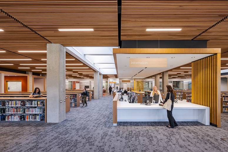 learning resource commons library interior, lobby area