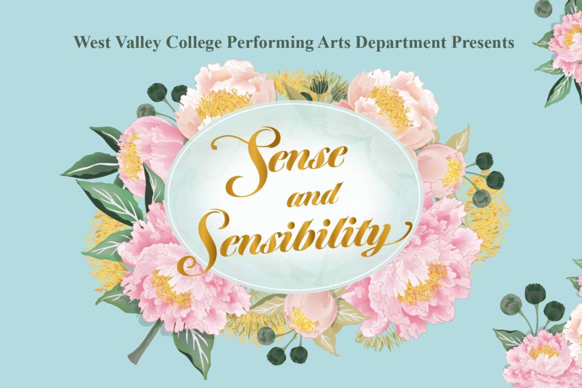 pink and yellow floral decoration around oval containing text in gold - sense and sensibility