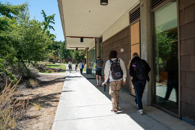 backs of students going to class