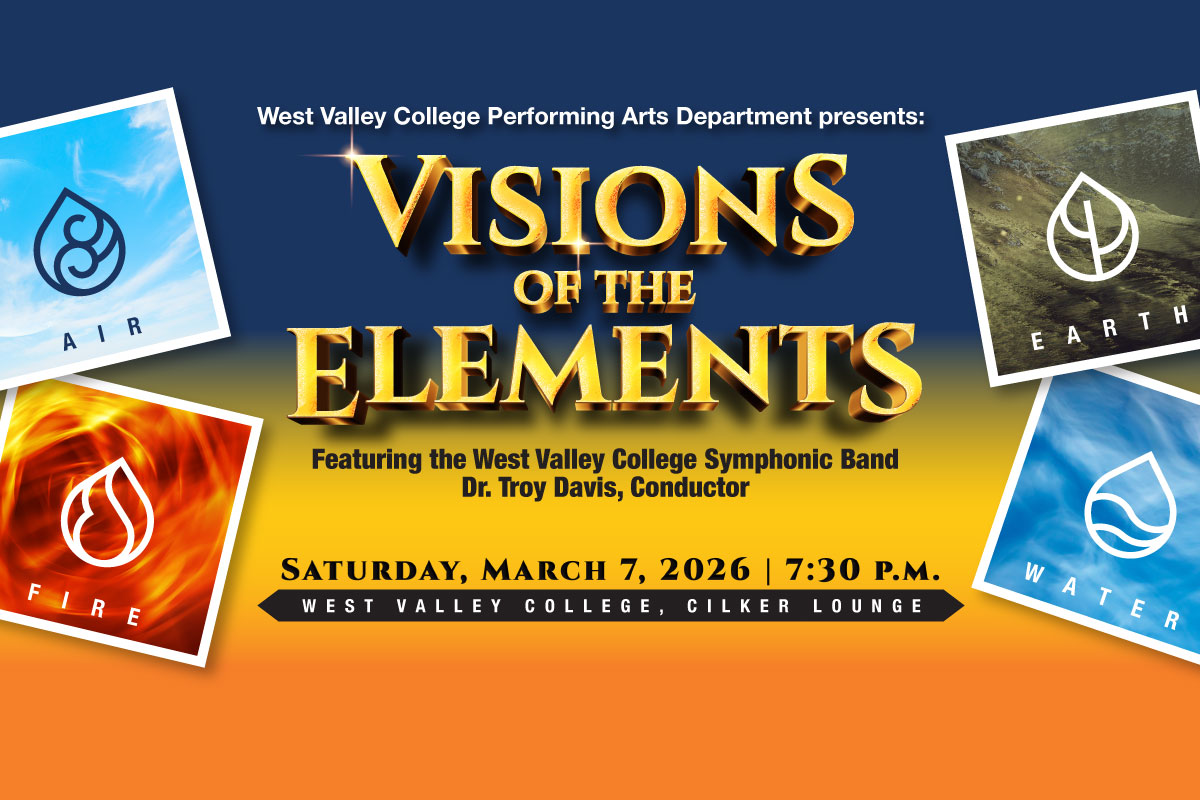 visions of the elements in gold beveled text with four images with symbols and colors representing air, earth, fire and water