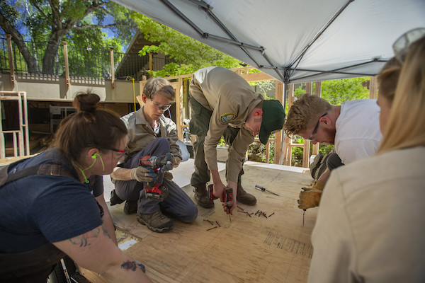 students building the tiny house