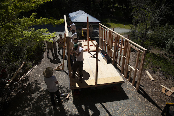 Aerial view of walls going up on the Tiny Living house
