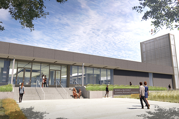 Exterior shot of Learning Resource Commons building with Wang and Qu naming