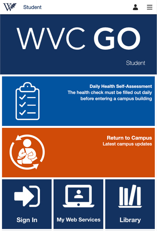 Screenshot of WVC Go mobile app homescreen