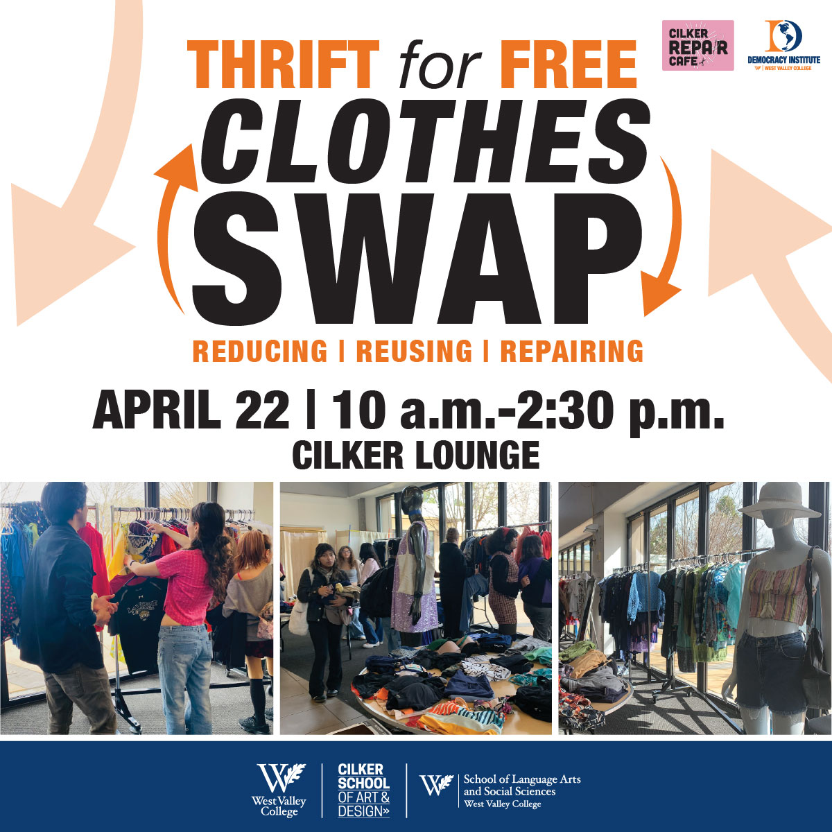 clothing swap graphic with change arrows and images of students looking through clothing racks