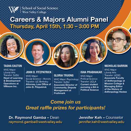 Graphic with five speakers for alumni panel