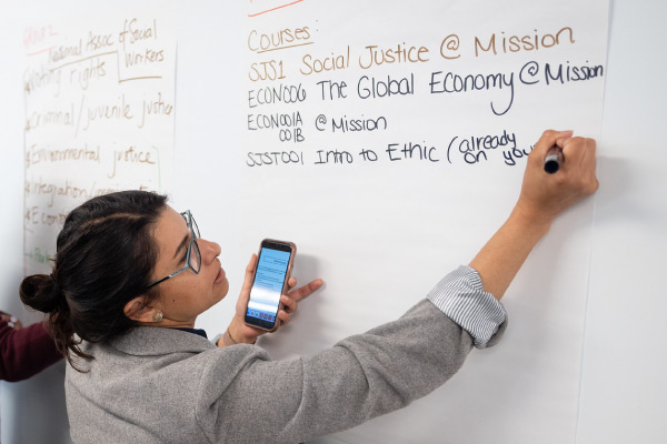 Instructor writing courses on whiteboard