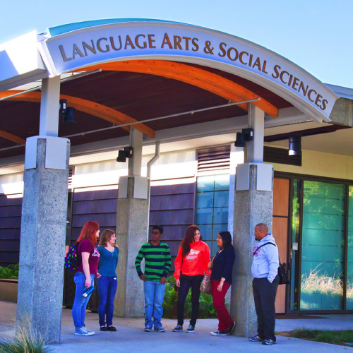 Students gathered in front of Language Arts and Social Science