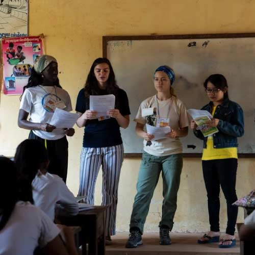 West Valley Study Abroad students presenting in Cambodian school