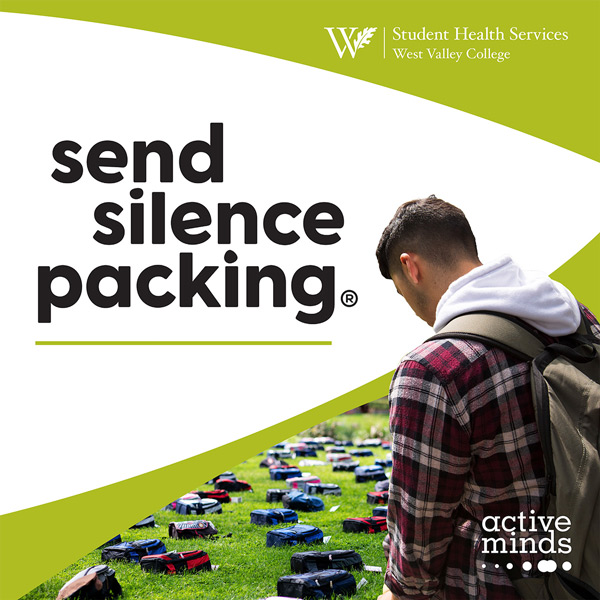 Student staring at backpacks with text Send Silence Packing.