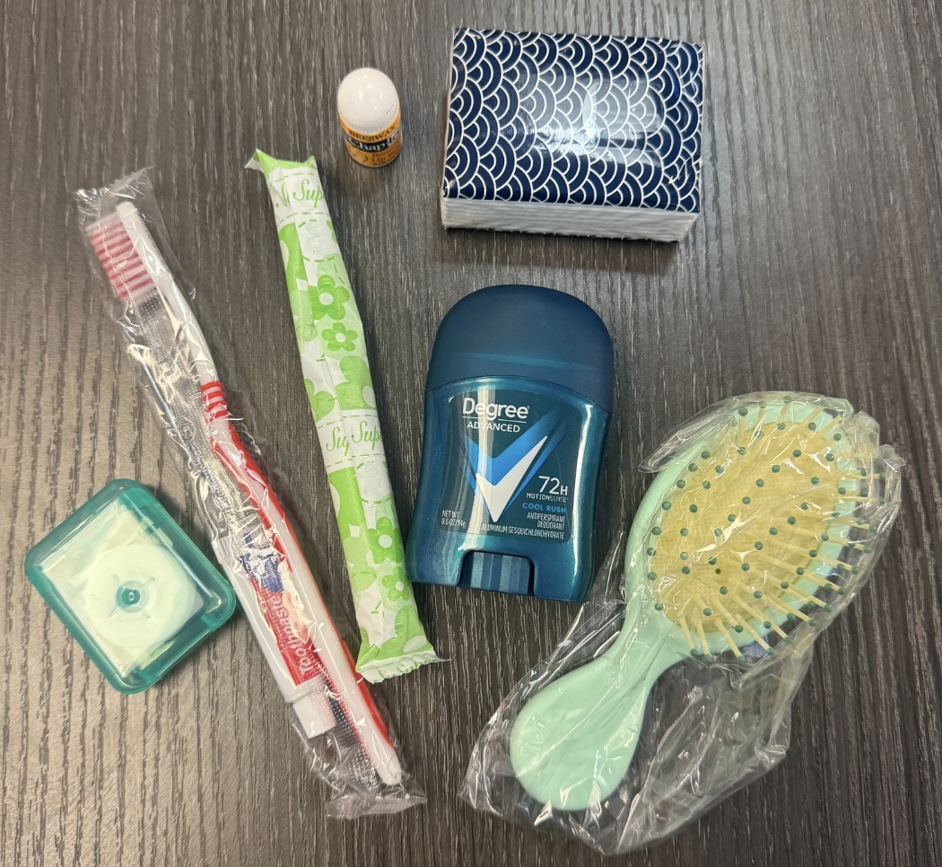 hygiene items like toothbrush, deodorant, hairbrush, floss, tampons