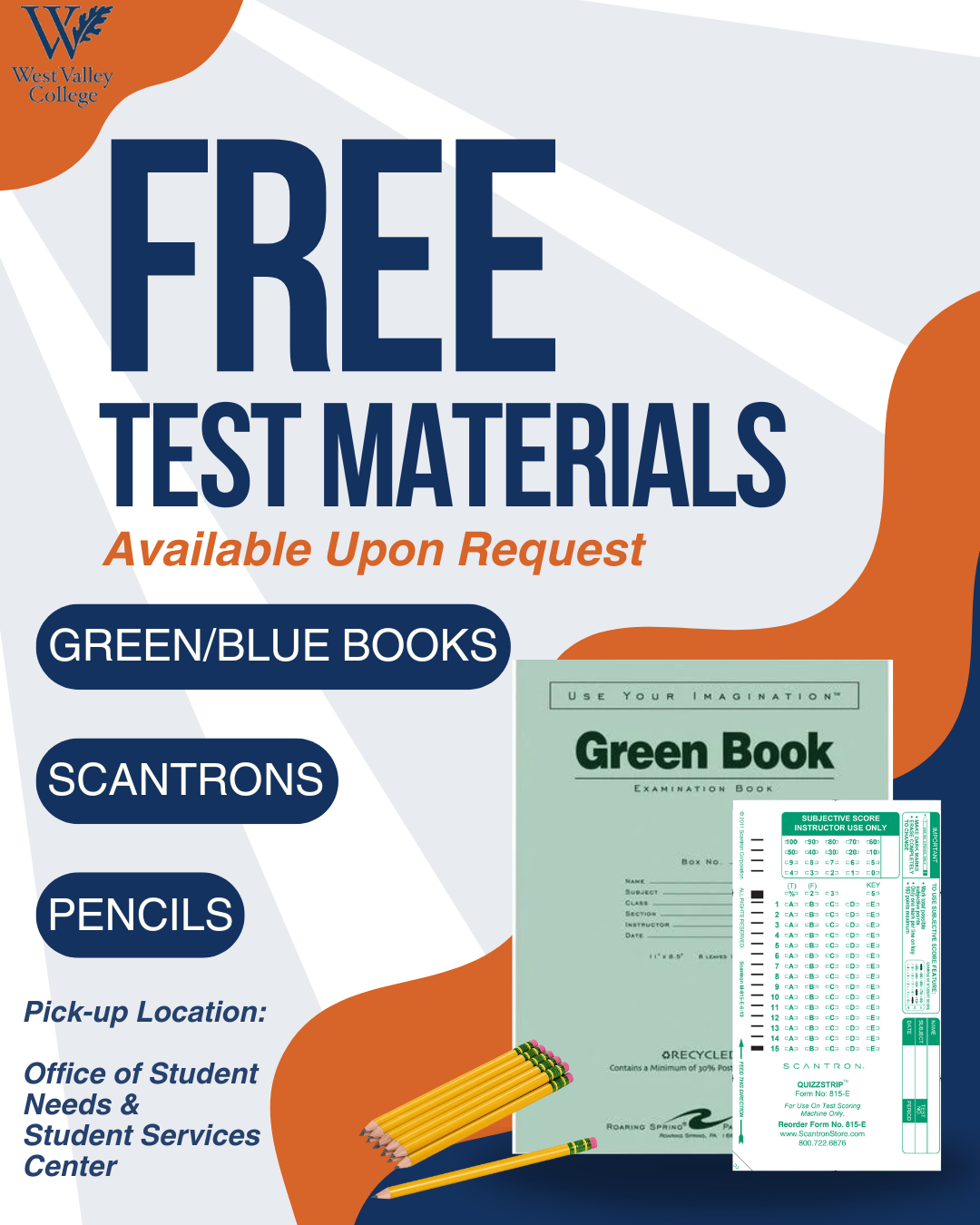 free test materials with green book, scantron and pencil graphics