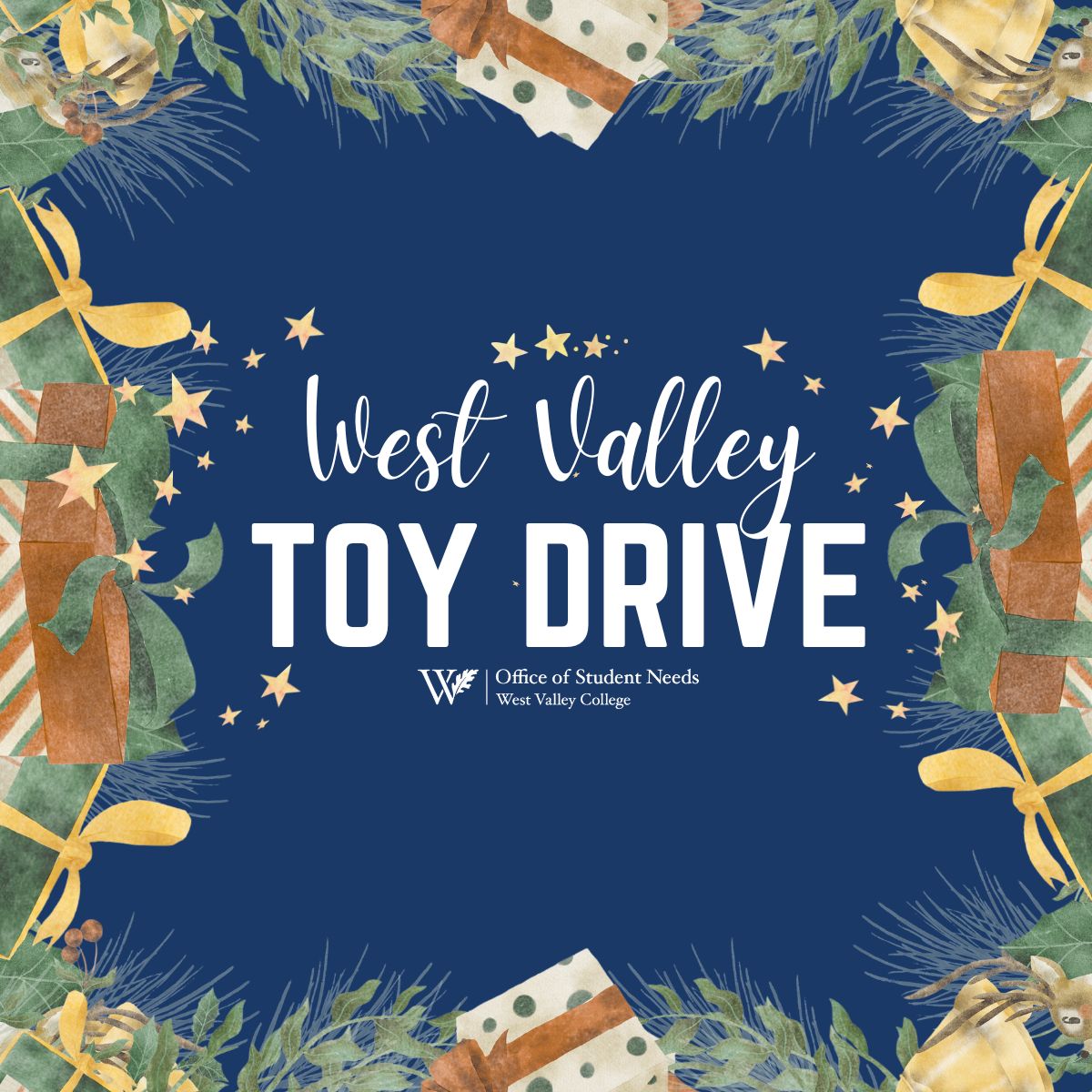 west valley college toy drive graphic with a holiday garland and present border