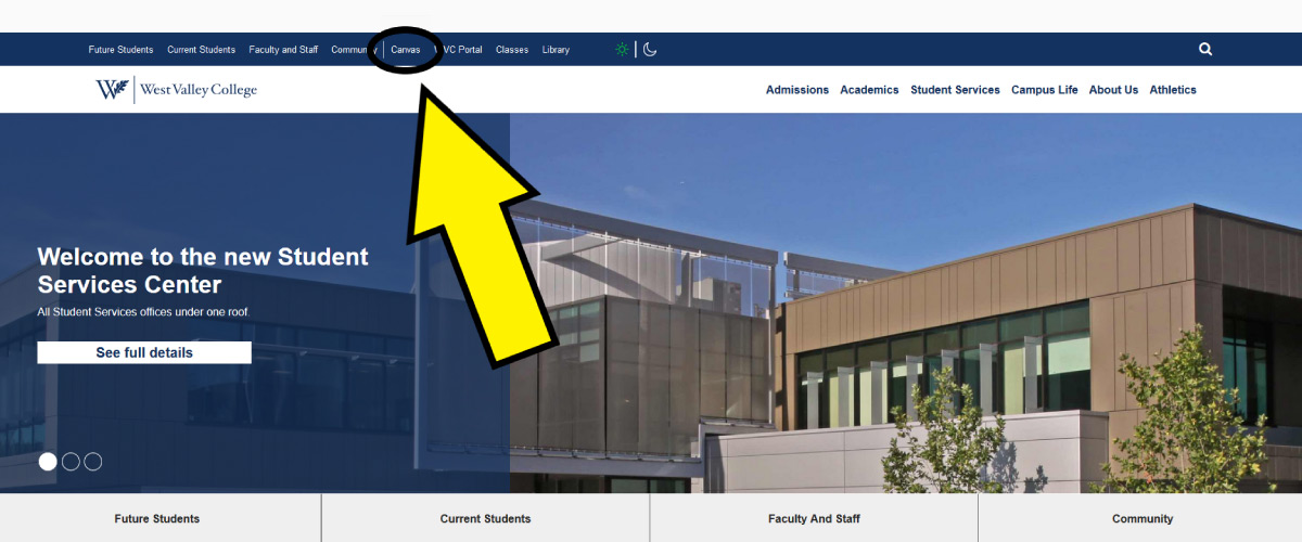 Canvas link on West Valley College homepage Canvas link on West Valley College homepage