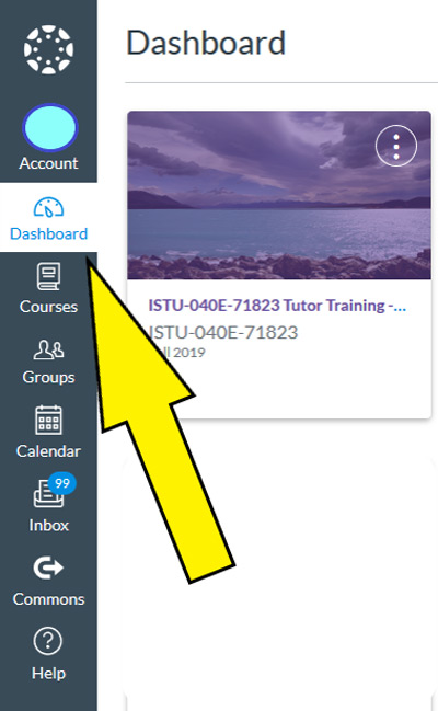 Canvas nav with yellow arrow pointing to Dashboard Canvas nav with yellow arrow pointing to Dashboard