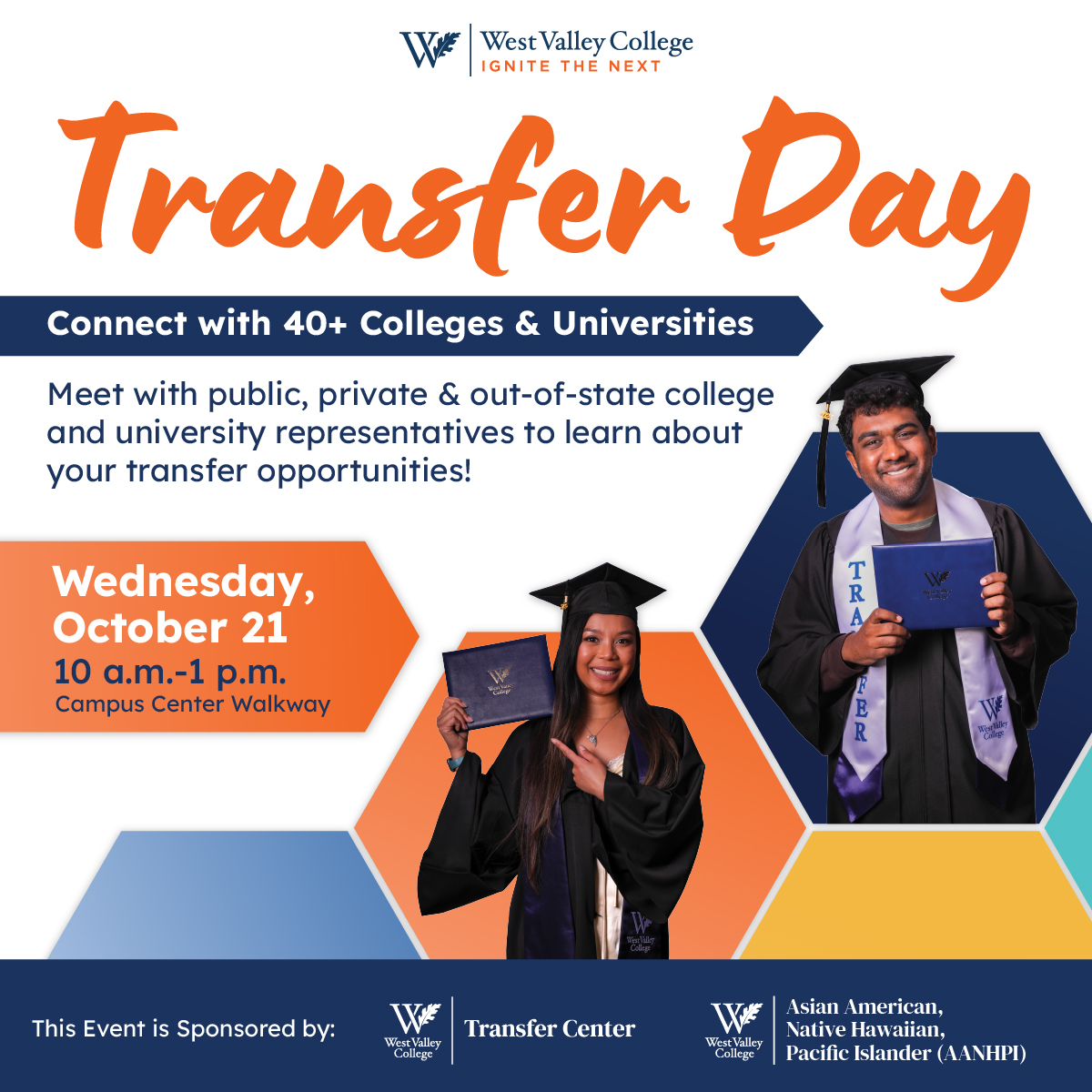 Graphic advertising transfer day with two students wearing graduation robes